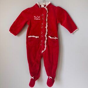 Retro Baby Girls “My First Christmas” | Red Lace Trim Footed Onesie Pajama